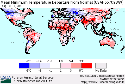World Mean Minimum Temperature Departure from Normal (USAF 557th WW) Thematic Map For 8/10/2020 - 8/16/2020