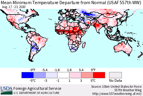 World Mean Minimum Temperature Departure from Normal (USAF 557th WW) Thematic Map For 8/17/2020 - 8/23/2020
