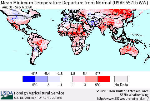 World Mean Minimum Temperature Departure from Normal (USAF 557th WW) Thematic Map For 8/31/2020 - 9/6/2020