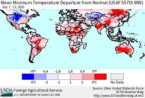 World Mean Minimum Temperature Departure from Normal (USAF 557th WW) Thematic Map For 9/7/2020 - 9/13/2020