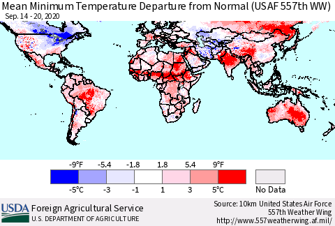 World Mean Minimum Temperature Departure from Normal (USAF 557th WW) Thematic Map For 9/14/2020 - 9/20/2020