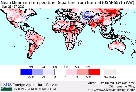 World Mean Minimum Temperature Departure from Normal (USAF 557th WW) Thematic Map For 9/21/2020 - 9/27/2020