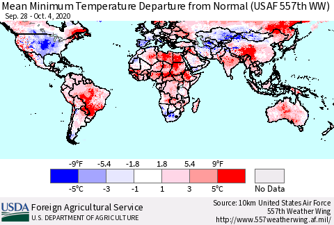World Mean Minimum Temperature Departure from Normal (USAF 557th WW) Thematic Map For 9/28/2020 - 10/4/2020