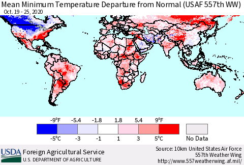 World Mean Minimum Temperature Departure from Normal (USAF 557th WW) Thematic Map For 10/19/2020 - 10/25/2020