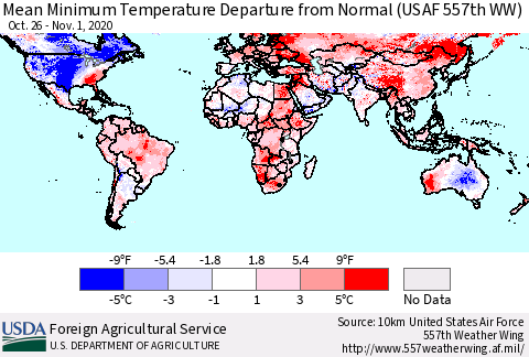 World Mean Minimum Temperature Departure from Normal (USAF 557th WW) Thematic Map For 10/26/2020 - 11/1/2020
