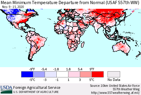 World Mean Minimum Temperature Departure from Normal (USAF 557th WW) Thematic Map For 11/9/2020 - 11/15/2020