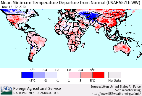 World Mean Minimum Temperature Departure from Normal (USAF 557th WW) Thematic Map For 11/16/2020 - 11/22/2020