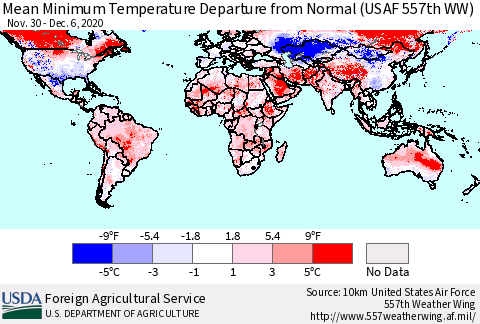World Mean Minimum Temperature Departure from Normal (USAF 557th WW) Thematic Map For 11/30/2020 - 12/6/2020