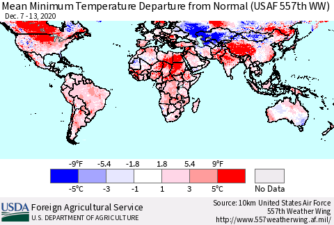 World Mean Minimum Temperature Departure from Normal (USAF 557th WW) Thematic Map For 12/7/2020 - 12/13/2020