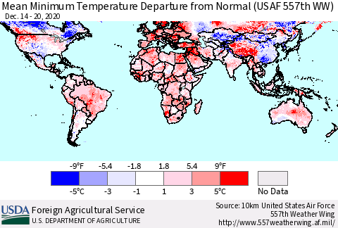 World Mean Minimum Temperature Departure from Normal (USAF 557th WW) Thematic Map For 12/14/2020 - 12/20/2020