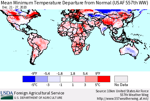 World Mean Minimum Temperature Departure from Normal (USAF 557th WW) Thematic Map For 12/21/2020 - 12/27/2020