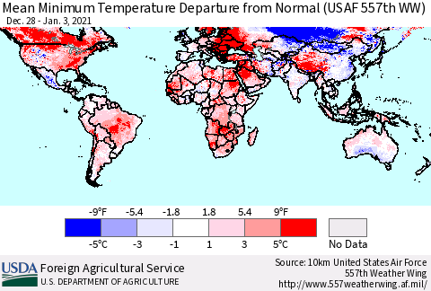 World Mean Minimum Temperature Departure from Normal (USAF 557th WW) Thematic Map For 12/28/2020 - 1/3/2021