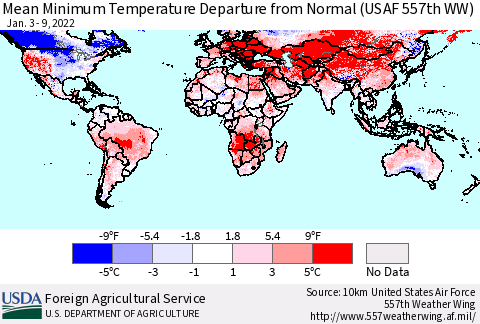 World Mean Minimum Temperature Departure from Normal (USAF 557th WW) Thematic Map For 1/3/2022 - 1/9/2022