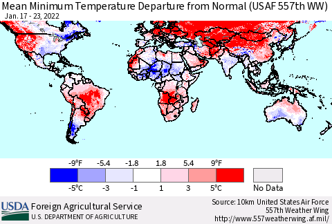World Mean Minimum Temperature Departure from Normal (USAF 557th WW) Thematic Map For 1/17/2022 - 1/23/2022