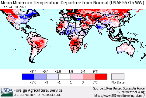 World Mean Minimum Temperature Departure from Normal (USAF 557th WW) Thematic Map For 1/24/2022 - 1/30/2022