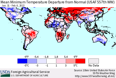 World Mean Minimum Temperature Departure from Normal (USAF 557th WW) Thematic Map For 1/31/2022 - 2/6/2022