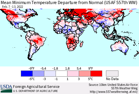 World Mean Minimum Temperature Departure from Normal (USAF 557th WW) Thematic Map For 2/7/2022 - 2/13/2022