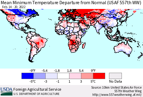 World Mean Minimum Temperature Departure from Normal (USAF 557th WW) Thematic Map For 2/14/2022 - 2/20/2022