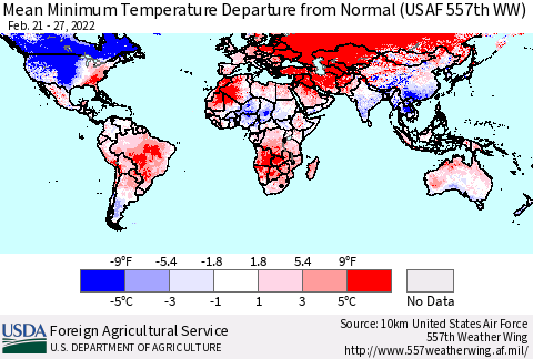 World Mean Minimum Temperature Departure from Normal (USAF 557th WW) Thematic Map For 2/21/2022 - 2/27/2022