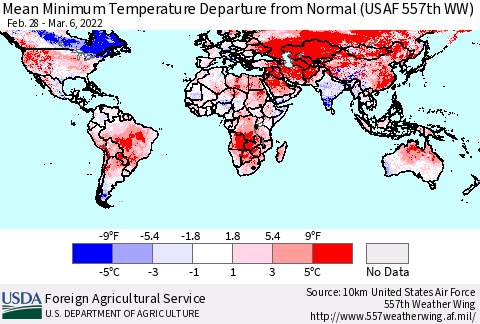 World Mean Minimum Temperature Departure from Normal (USAF 557th WW) Thematic Map For 2/28/2022 - 3/6/2022