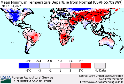 World Mean Minimum Temperature Departure from Normal (USAF 557th WW) Thematic Map For 3/7/2022 - 3/13/2022