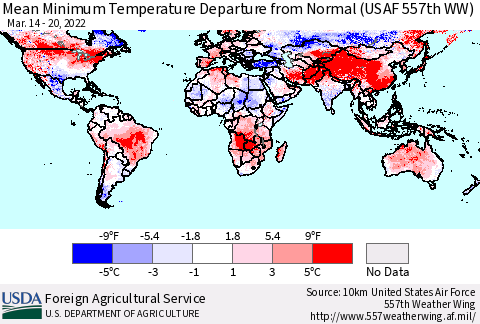 World Mean Minimum Temperature Departure from Normal (USAF 557th WW) Thematic Map For 3/14/2022 - 3/20/2022