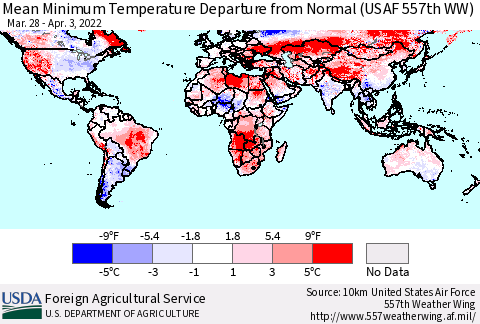 World Mean Minimum Temperature Departure from Normal (USAF 557th WW) Thematic Map For 3/28/2022 - 4/3/2022