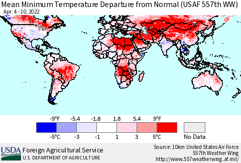 World Mean Minimum Temperature Departure from Normal (USAF 557th WW) Thematic Map For 4/4/2022 - 4/10/2022
