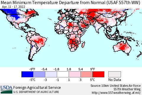World Mean Minimum Temperature Departure from Normal (USAF 557th WW) Thematic Map For 4/11/2022 - 4/17/2022