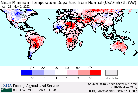 World Mean Minimum Temperature Departure from Normal (USAF 557th WW) Thematic Map For 4/25/2022 - 5/1/2022