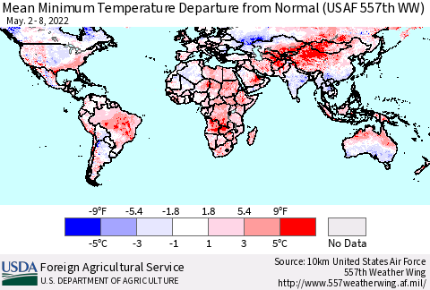 World Mean Minimum Temperature Departure from Normal (USAF 557th WW) Thematic Map For 5/2/2022 - 5/8/2022