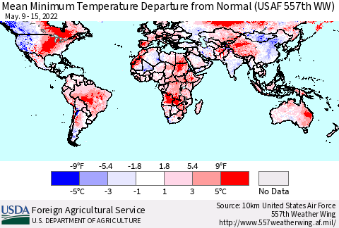 World Mean Minimum Temperature Departure from Normal (USAF 557th WW) Thematic Map For 5/9/2022 - 5/15/2022