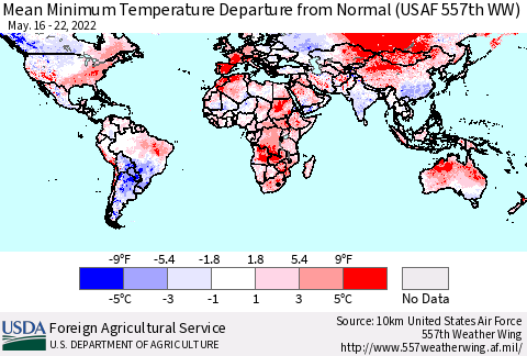 World Mean Minimum Temperature Departure from Normal (USAF 557th WW) Thematic Map For 5/16/2022 - 5/22/2022