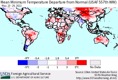 World Mean Minimum Temperature Departure from Normal (USAF 557th WW) Thematic Map For 5/23/2022 - 5/29/2022