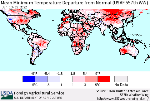 World Mean Minimum Temperature Departure from Normal (USAF 557th WW) Thematic Map For 6/13/2022 - 6/19/2022
