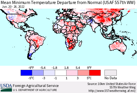 World Mean Minimum Temperature Departure from Normal (USAF 557th WW) Thematic Map For 6/20/2022 - 6/26/2022