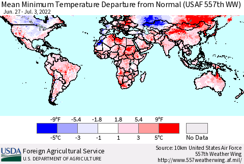 World Mean Minimum Temperature Departure from Normal (USAF 557th WW) Thematic Map For 6/27/2022 - 7/3/2022
