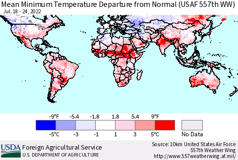 World Mean Minimum Temperature Departure from Normal (USAF 557th WW) Thematic Map For 7/18/2022 - 7/24/2022