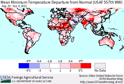 World Mean Minimum Temperature Departure from Normal (USAF 557th WW) Thematic Map For 8/29/2022 - 9/4/2022