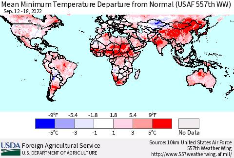 World Mean Minimum Temperature Departure from Normal (USAF 557th WW) Thematic Map For 9/12/2022 - 9/18/2022