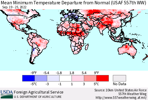 World Mean Minimum Temperature Departure from Normal (USAF 557th WW) Thematic Map For 9/19/2022 - 9/25/2022