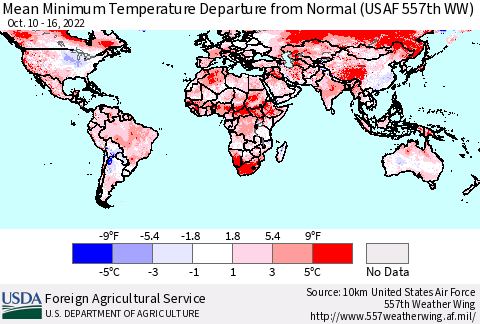 World Mean Minimum Temperature Departure from Normal (USAF 557th WW) Thematic Map For 10/10/2022 - 10/16/2022