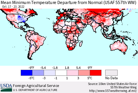 World Mean Minimum Temperature Departure from Normal (USAF 557th WW) Thematic Map For 10/17/2022 - 10/23/2022