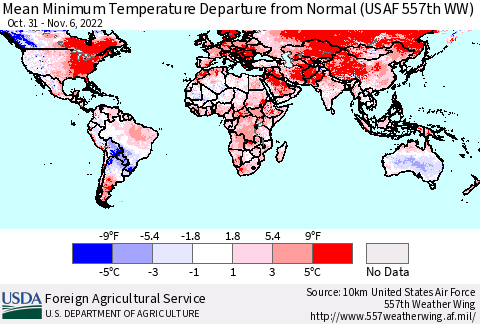 World Mean Minimum Temperature Departure from Normal (USAF 557th WW) Thematic Map For 10/31/2022 - 11/6/2022
