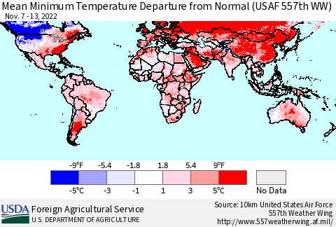 World Mean Minimum Temperature Departure from Normal (USAF 557th WW) Thematic Map For 11/7/2022 - 11/13/2022