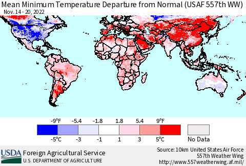 World Mean Minimum Temperature Departure from Normal (USAF 557th WW) Thematic Map For 11/14/2022 - 11/20/2022