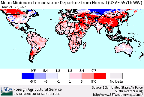 World Mean Minimum Temperature Departure from Normal (USAF 557th WW) Thematic Map For 11/21/2022 - 11/27/2022