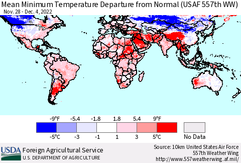 World Mean Minimum Temperature Departure from Normal (USAF 557th WW) Thematic Map For 11/28/2022 - 12/4/2022