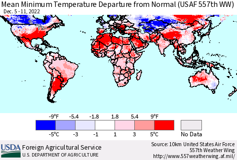 World Mean Minimum Temperature Departure from Normal (USAF 557th WW) Thematic Map For 12/5/2022 - 12/11/2022