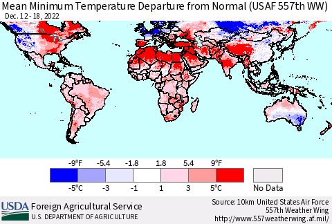 World Mean Minimum Temperature Departure from Normal (USAF 557th WW) Thematic Map For 12/12/2022 - 12/18/2022